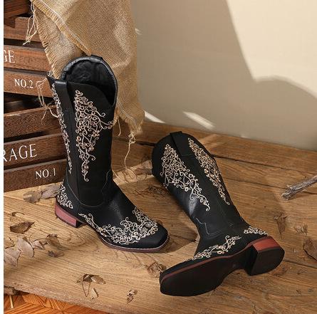 Women'S Embroidered Chunky Heel Square Toe Rider Boots 05436683C