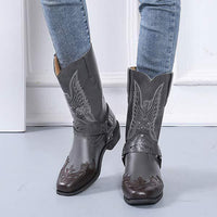 Women'S Embroidered Belt Buckle Mid Cavalier Leather Boots 66970909