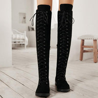 Women'S Black Lace-Up Over Knee Flat Boots 13268079