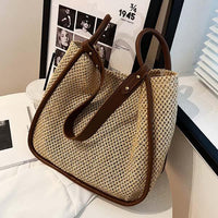 Women's Large Capacity Portable Contrast Straw Tote