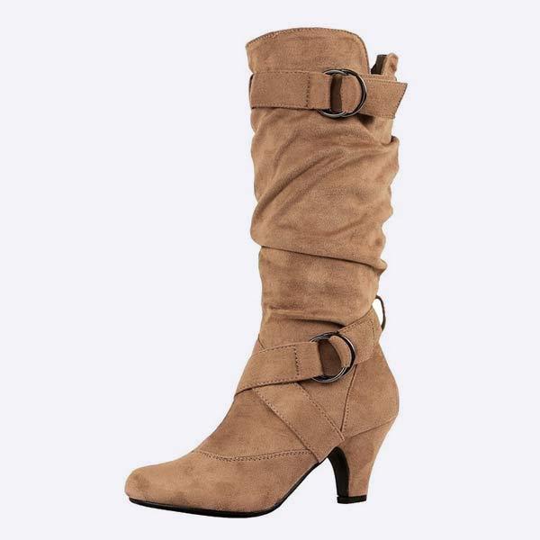 Women'S Suede Round Toe Metal Trim Tall Chunky Heel Boots 07596189C