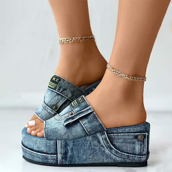 Women'S Denim Wash Cloth Platform Sandals And Slippers 78672012C