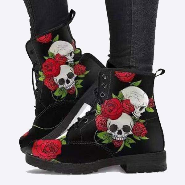 Women'S Skull Rose Print Lace-Up Martin Boots 27488933C