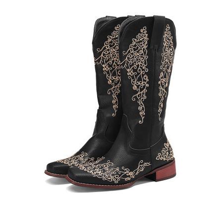 Women'S Embroidered Chunky Heel Square Toe Rider Boots 05436683C