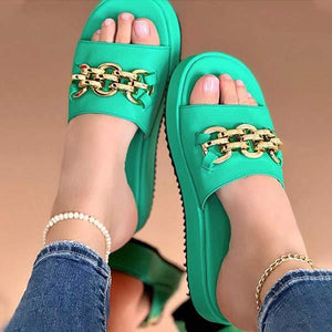 Women'S Thick Low Metal Chain Decorated Beach Slippers 55286375C